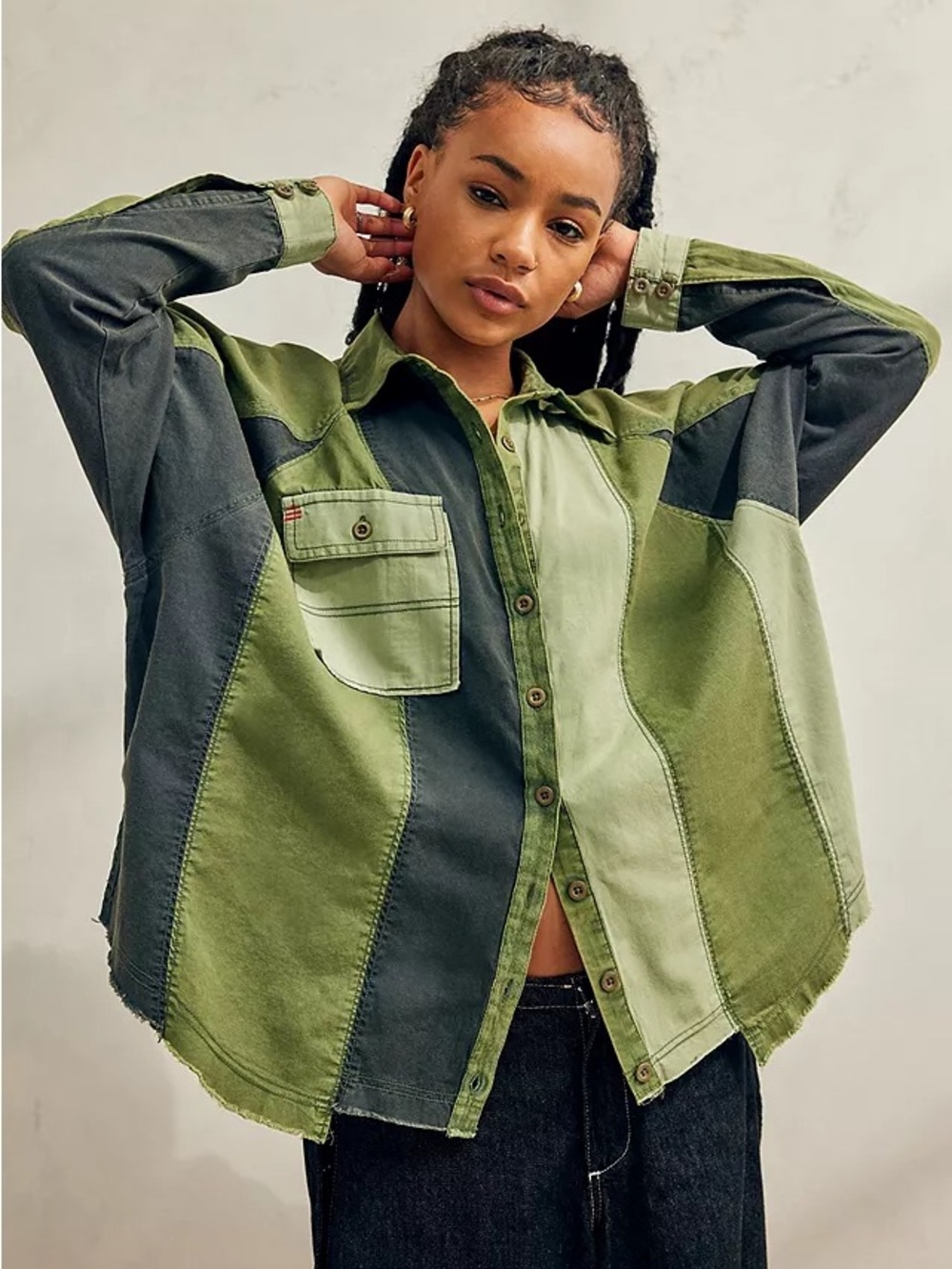 BDG oversized green & black color-blocked spliced Romeo patchwork button shirt